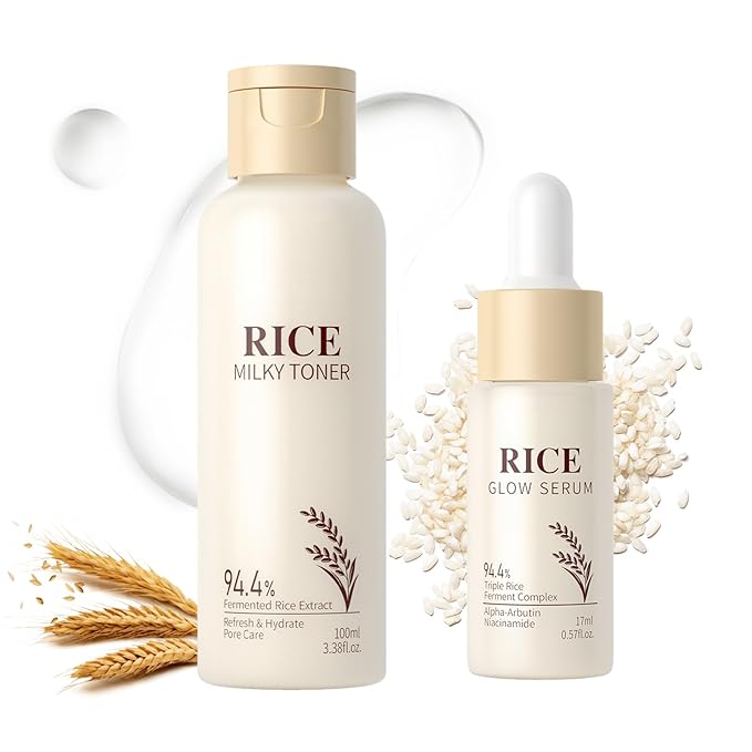 Rice Skincare Set with Rice Glow Serum and Rice Milk Toner — Brightening Hydrating,Pore Care,Supply Nutrients to Skin with Rice Water,Healthy Glow | Travel Skincare Kit / 3.38+0.57 Fl.Oz