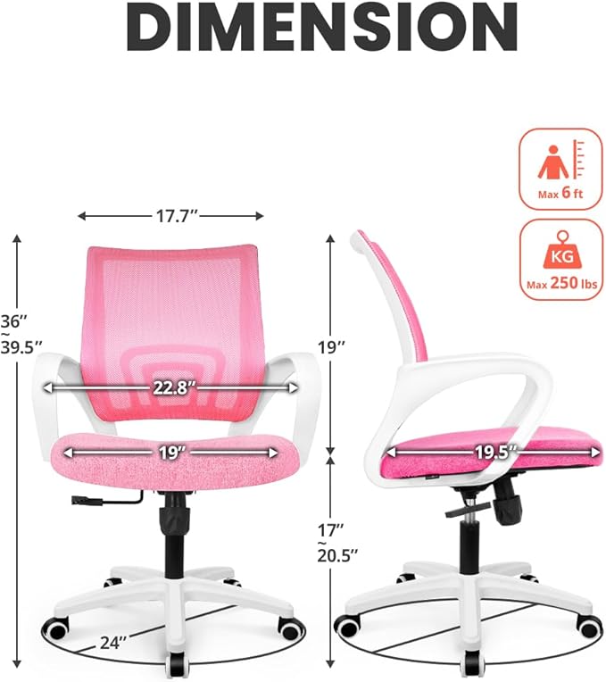 NEO CHAIR Office Desk Computer Chair Ergonomic Mesh Gaming Mid Back Seat with Comfy Lumbar Support Adjustable Height Swivel for Home Task (Pink)