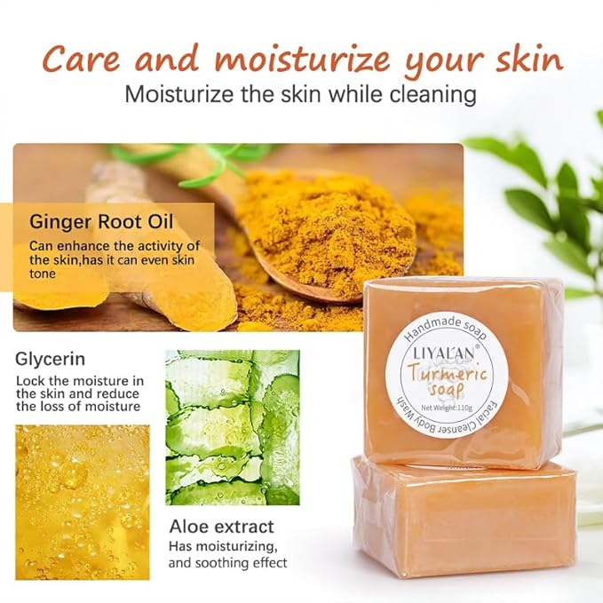 LIYALAN Turmeric Soap Bar for Face Body Smooth Skin,Deep Cleansing, Natural Vegan Handmade Soap Sensitive Skin Formula 3.88 oz x 1bar with a fresh ginger and lemongrass scent