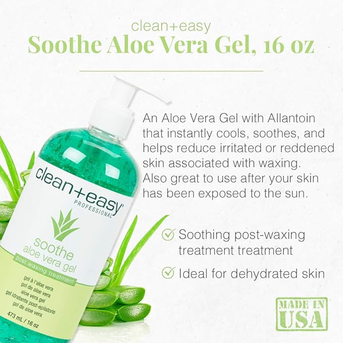Clean + Easy Post Waxing Treatment, Aloe Vera Gel for After Wax Care, Soothes Irritated Skin, Non-Greasy, Removes Excess Wax Residue, 16 oz