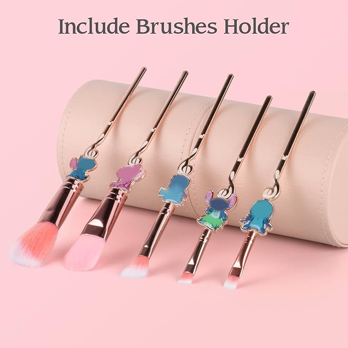 5 Pcs stitchs Makeup Brushes Set with Brushes Holder, Blue Big Eyes Alien Cartoon Makeup Brushes Set, Gifts for Women Girls