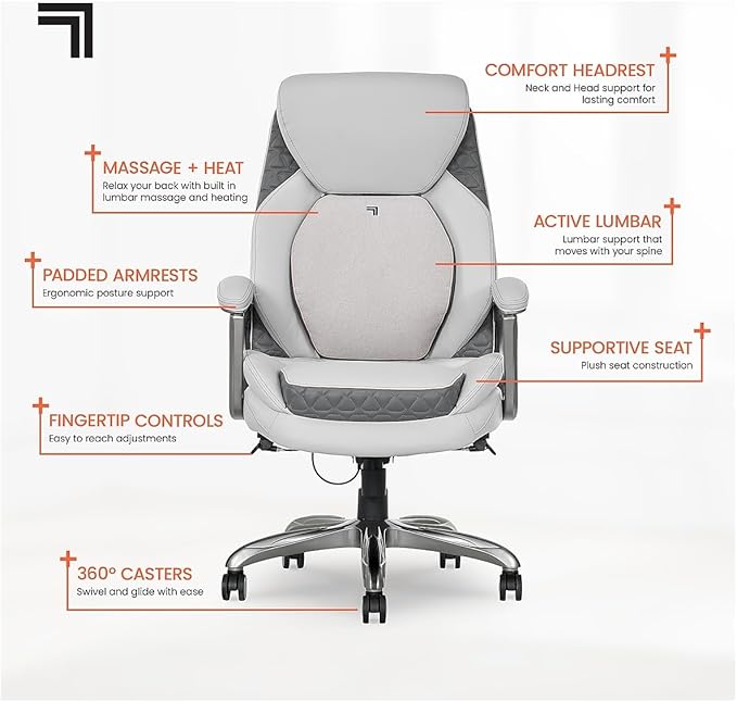 Sharper Image S600 Active Lumbar Ergonomic Bonded Leather Swivel Executive Massage Chair, White/Gray