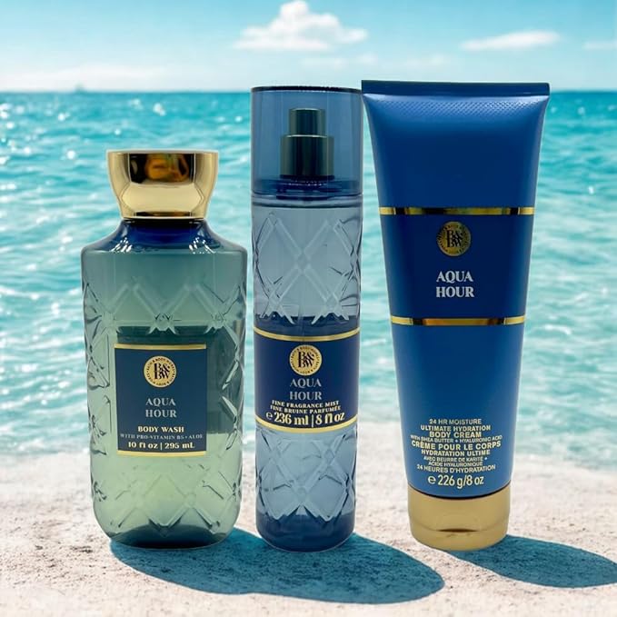 Bath & Body Works AQUA HOUR Fine Fragrance Mist, Ultimate Hydration Body Cream & Body Wash 3-piece Gift Set with a Red Bow for Holidays - Full Size