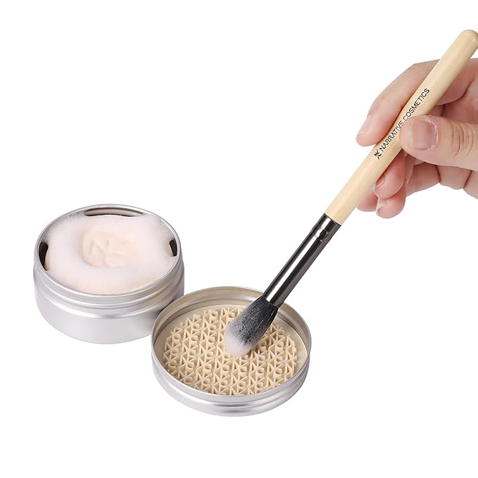 Narrative Cosmetics Makeup Brush Cleaner Soap with Silicone Scrubber Pad | Solid Cleanser for Brushes & Beauty Blenders | Vegan, Cruelty-Free, Avocado Jojoba Argan Oil, Vanilla Scent, 2.45 Oz