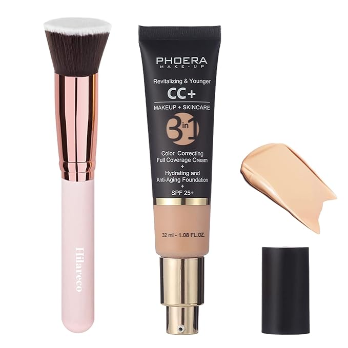 PHOERA CC+ Cream,Full Coverage Foundation，Color Correcting Cream,Anti Aging Hydrating Serum & SPF 25+ Sunscreen - Natural Finish - 1.08 fl oz (120 Nude)
