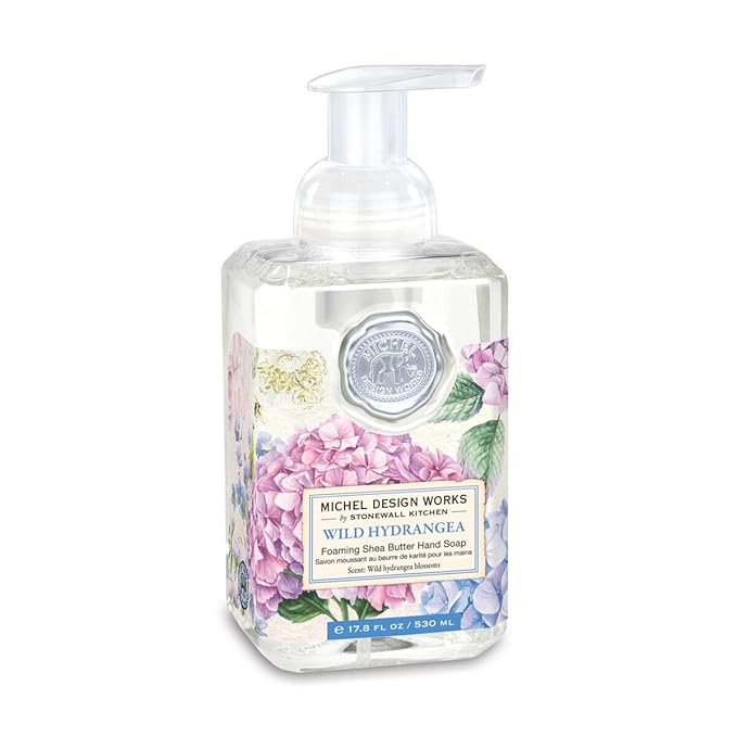 Michel Design Works Foaming Hand Soap 17.8oz, Hydrangea Scent and Design, Shea Butter and Aloe Vera Blend, Beautiful Square Container with Pump