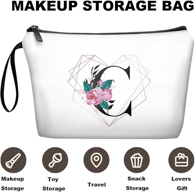 Personalized Initial C floral Makeup Bag set with Mirror for Women,White Ietter Bride Bridesmaid travel Cosmetic bag kit with10 pieces pink brush set,Initial Gifts for Girls Mom femal Friends