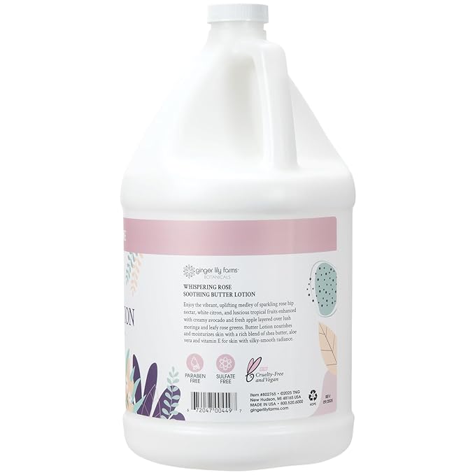 Ginger Lily Farms Botanicals Soothing Butter Lotion for Dry Skin, 100% Vegan & Cruelty-Free, Whispering Rose Scent, 1 Gallon (128 fl oz) Refill