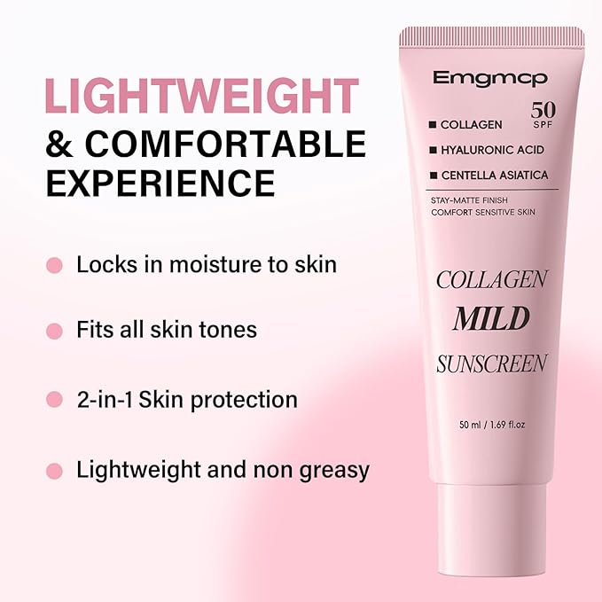 Collagen Mild Sunscreen, SPF 50 Broad Spectrum Facial Sunscreen, Lightweight Non-Greasy No White Cast, Hydrating Formula with Peptide & Cica for Soothing & Natural Glow (2pc)