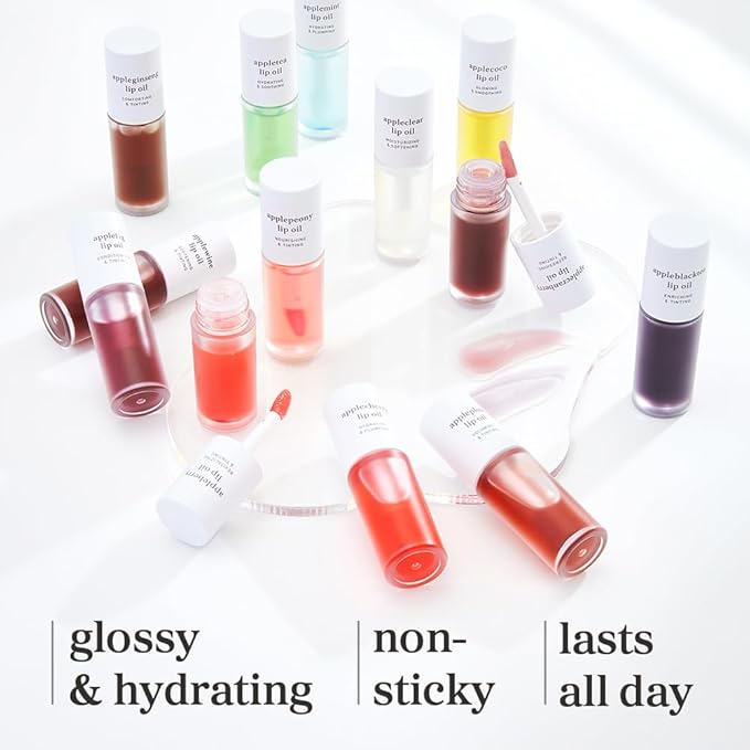NOONI Vegan Appleseed Lip Oil Set - Appleberry & Appleplum | Long-Lasting, Moisturizing, Plumping, Revitalizing for Dry Lips, Waterproof, No Peel Off, Korean Tint, 0.12 FL Oz x 2ea