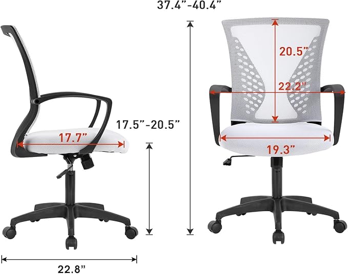 Home Office Chair Mid Back PC Swivel Lumbar Support Adjustable Desk Task Computer Ergonomic Comfortable Mesh Chair with Armrest (White)