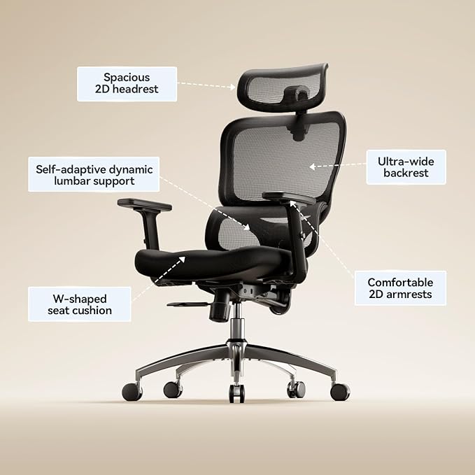 SIHOO Ergonomic Office Chair, High Back Desk Chair, Lumbar Support, Swivel Computer Task Chair with Adjustable Headrest, Tilt Function,Black