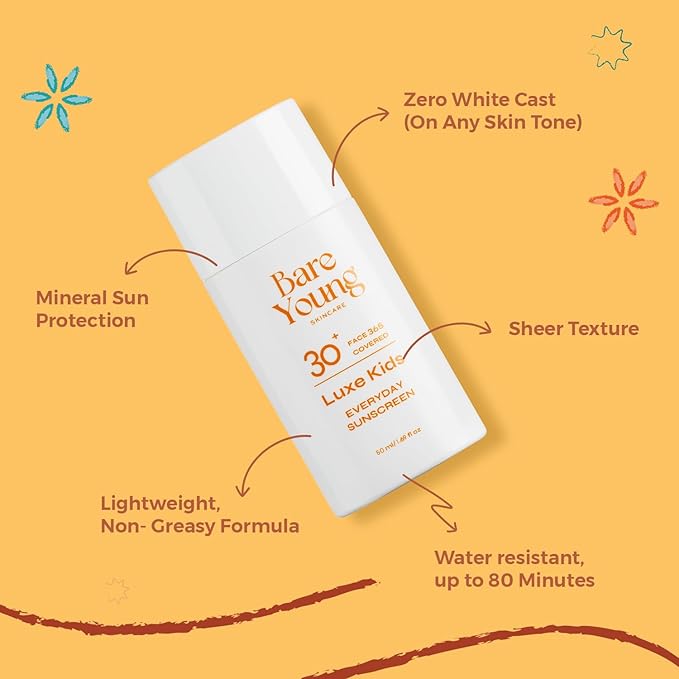 Bare Young 365 Covered Everyday Sun-screen, Zinc Oxide and Titanium Dioxide, Quick-Absorb Facial Sunscreen with No White Cast, Kids SPF 30 Face Sunscreen, Vegan Plant-Based Skincare for kids