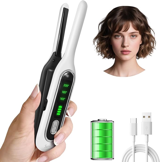 Sunmay Cordless Mini Flat Iron, 3/10" Pencil Hair Straightener for Short Hair, Pixie Cut & Bangs, Portable Dual Voltage Travel Curling Iron