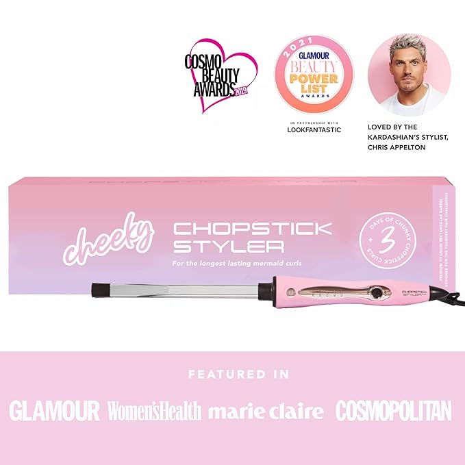 CHOPSTICK STYLER Cheeky, Professional Curling Wand, 5 Variable Temperatures, 0.6” x 0.4” Chunkier Rectangular Titanium Barrel for Long Lasting, Natural, Voluminous Chopstick Mermaid Curls