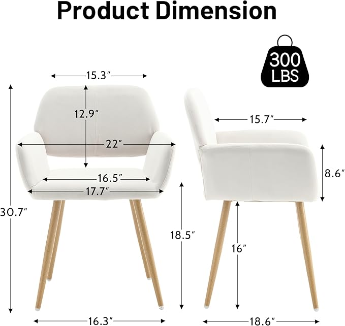KCC Small Modern Dining Room Arm Chairs Set of 4, Mid-Century Upholstered Velvet Side Seat Club Guest with Metal Tube Legs for Kitchen, Living Room, Beige