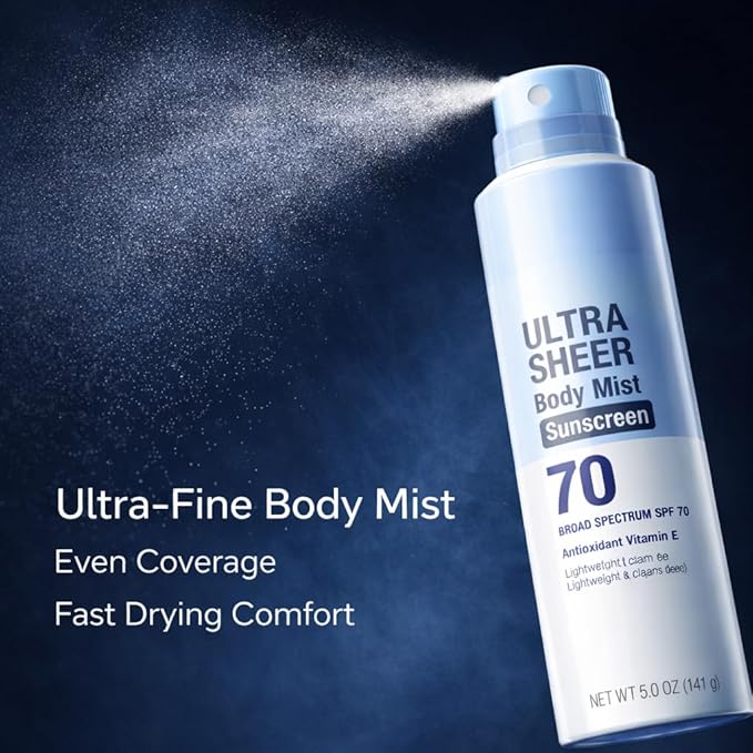 Ultra Sheer SPF 70 Body Sunscreen Spray, 5 oz Lightweight Sun Care Mist, Dry Touch Feel, Sheer Finish Protection for Outdoor and Daily Use