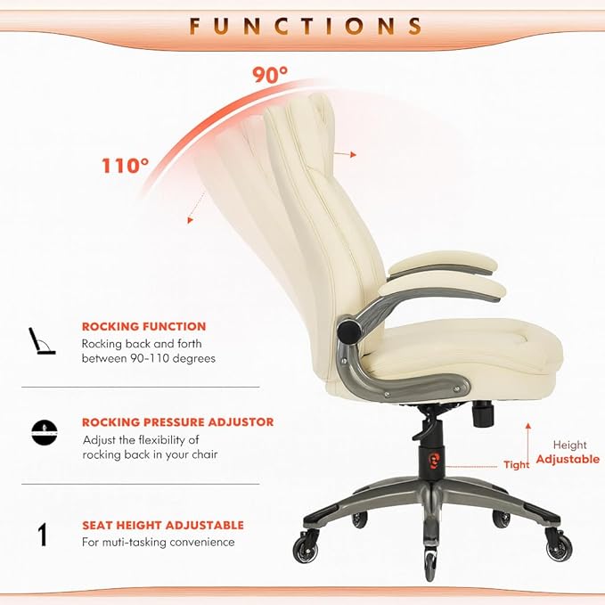 COLAMY Ergonomic High Back Office Chair, Ivory Bonded Leather Executive Desk Chair with Flip-up Arms, Thick Cushion, Silent Nylon Wheels, Adjustable Height & Rocking Function, 300lbs Capacity