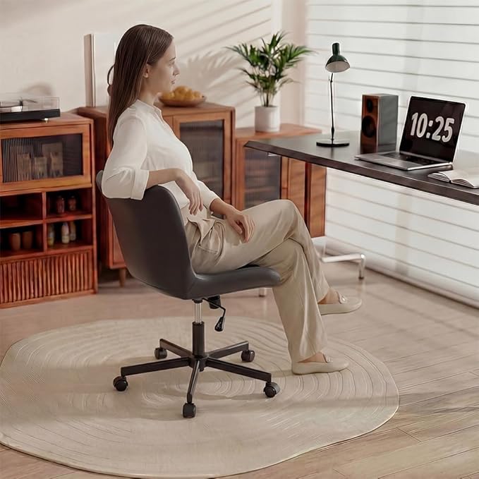 Armless Desk Chair, Morden Home Office Chair no Arms, Adjustable Height & Rocking Computer Chair, PU Leather Vanity Chair, Ergonomic Seat Soft Padded Desk Chairs for Home Small Space, Black