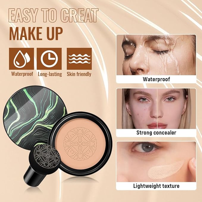 Makeup Foundation for Older Women, 2026 New Mushroom Head Airs Cushion CC Cream, BB Cream Makeup Foundation for Mature Skin Moisturizing Concealer Brighten Long-Lasting Even Skin Tone (Ivory)