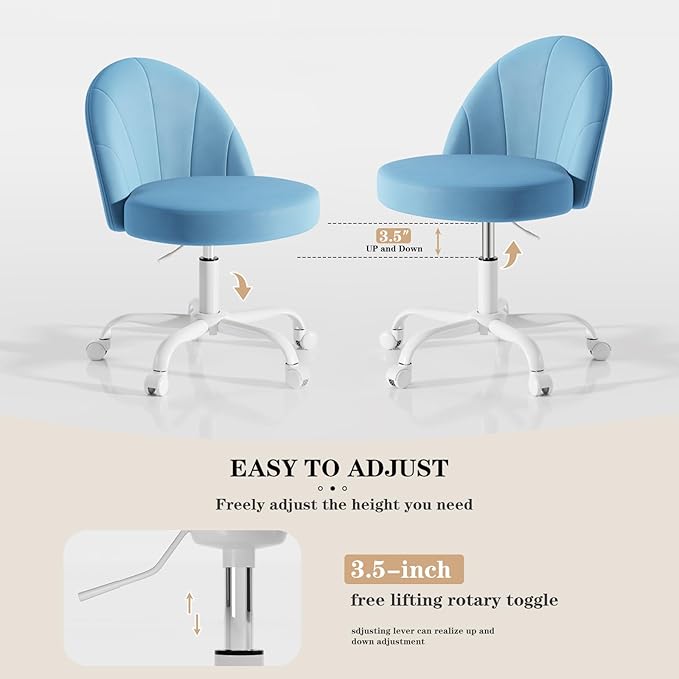 Velvet Vanity Chair with Wheels, Height Adjustable Swivel Makeup Chair, Armless Small Desk Chair for Bedroom/Office/Vanity Table, 250 lbs Capacity (Velvet, Blue)