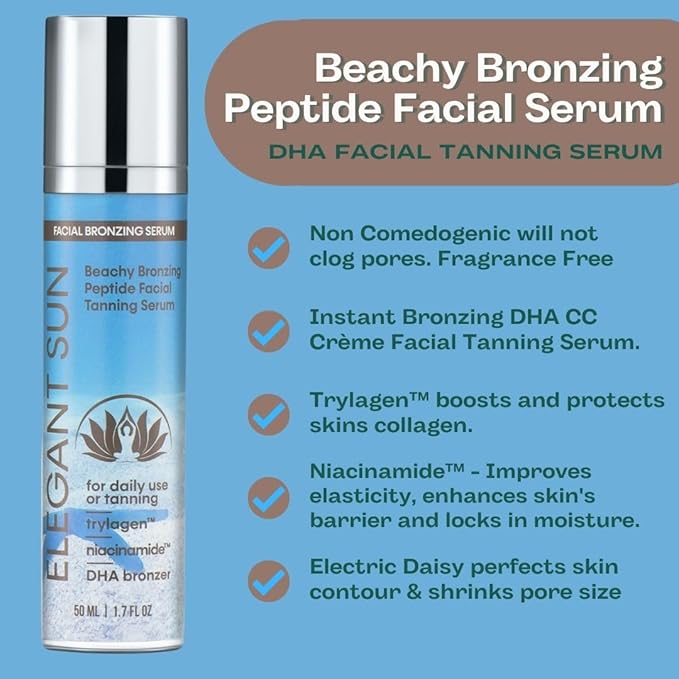 Beachy Bronze - Peptide Facial Tanning Bed Lotion, Gradual DHA Bronzing Serum & Daily Face Moisturizer Collagen, Niacinamide, Exosomes, Sheer Tint, Sun-Kissed Glow, 1.7 fl oz