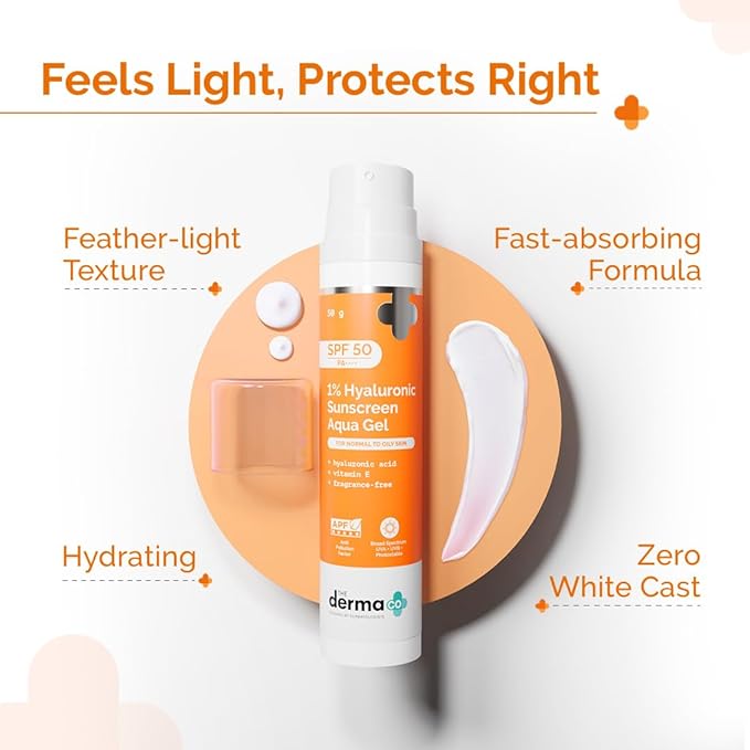 The Derma Co 1% Hyaluronic Sunscreen Aqua Gel with SPF 50 & PA++++ | Broad Spectrum UVA/B & Blue Light Protection | Lightweight & Quick Absorbing with Vitamin E | 1.76 Oz/50g