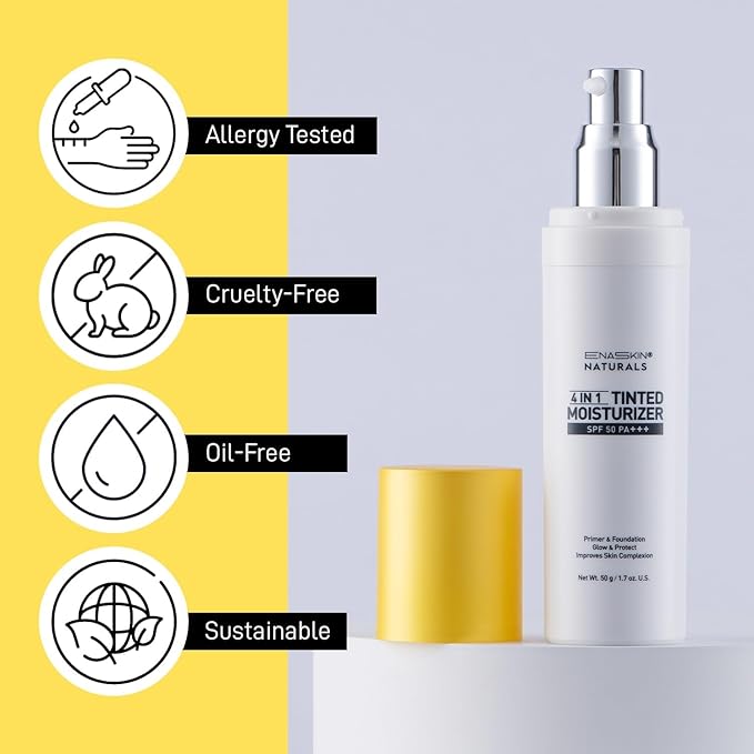 ENASKIN NATURALS 4-in-1 Tinted Moisturizer with SPF 50, Mineral Sunscreen & Primer with Zinc Oxide, Lightweight Skin Tint for Glowy Finish & Even Complexion, Universal Sheer Tint, 1.7 fl oz