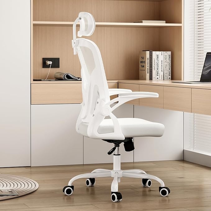 Farini Ergonomic Office Chair, Home Office Desk Chair with Headrest, High Back Swivel Computer Chair with Armrests and Adjustable Lumbar Support for Home Office Study Room, White & White