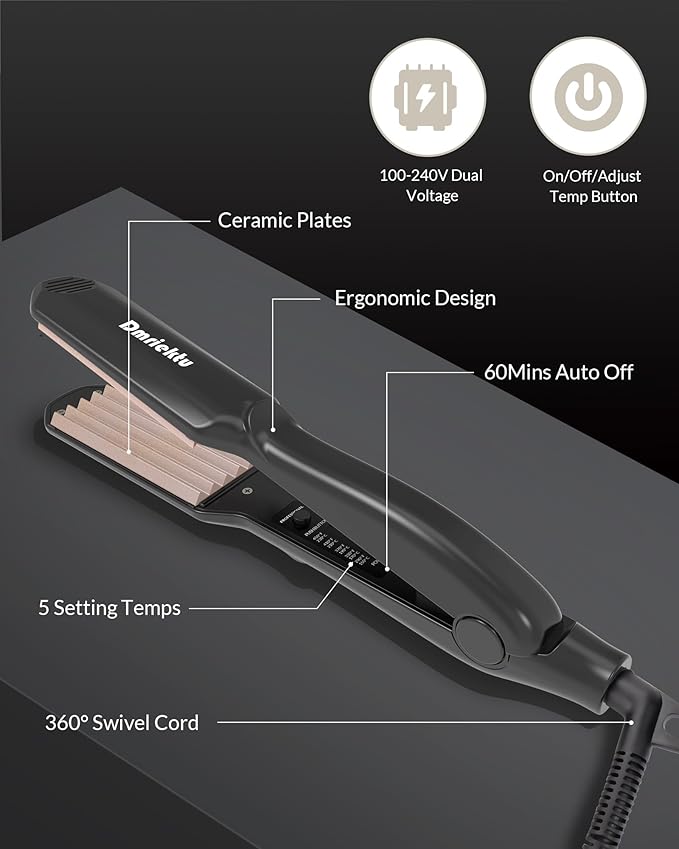 Hair Crimper for Volumizing Fluffy Hairstyle, Crimper Hair Iron with Ceramic Plates, Crimping Iron Tool for Women Girls Hair Waver Dual Voltage, Auto Off