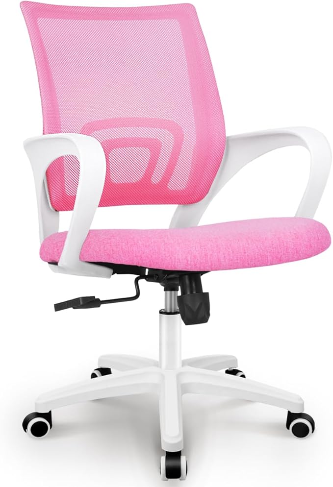 NEO CHAIR Office Desk Computer Chair Ergonomic Mesh Gaming Mid Back Seat with Comfy Lumbar Support Adjustable Height Swivel for Home Task (Pink)
