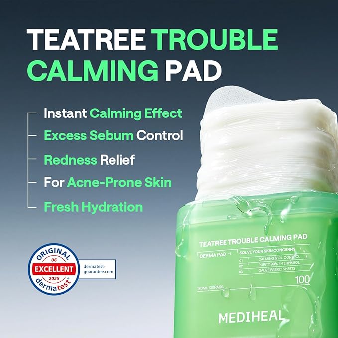 Mediheal Teatree Pad & Serum Duo Set for Quick Skin Calming & Redness Relief - Teatree Trouble Calming Toner Pads (100 Count) + Teatree Serum (1.35 fl.oz)