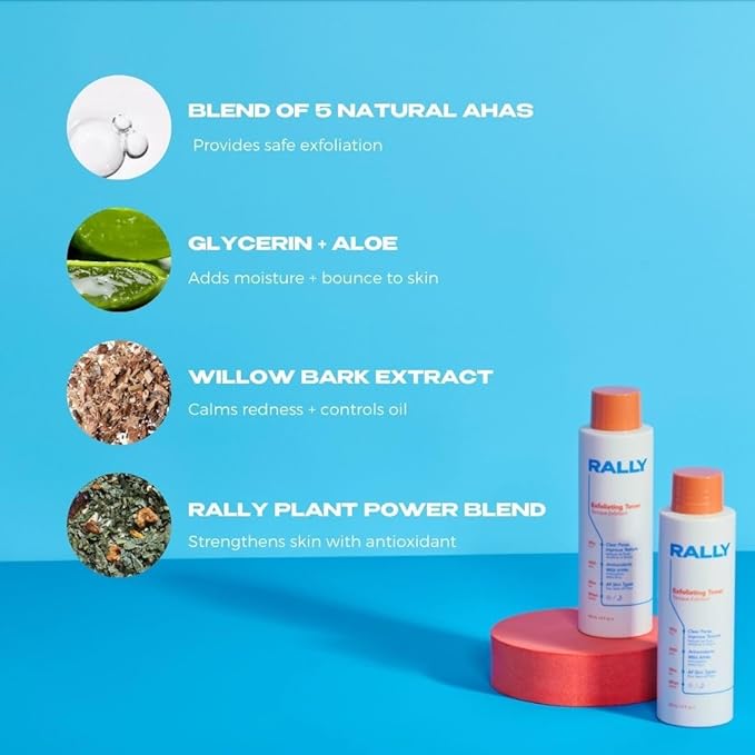 RALLY Daily Cleansing Exfoliating Toner with Mild Plant-Based AHAs | Waterless On-The-Go Cleanse | Clear Pores + Improve Texture | Refresh Teen + Post Workout Skin 4 OZ