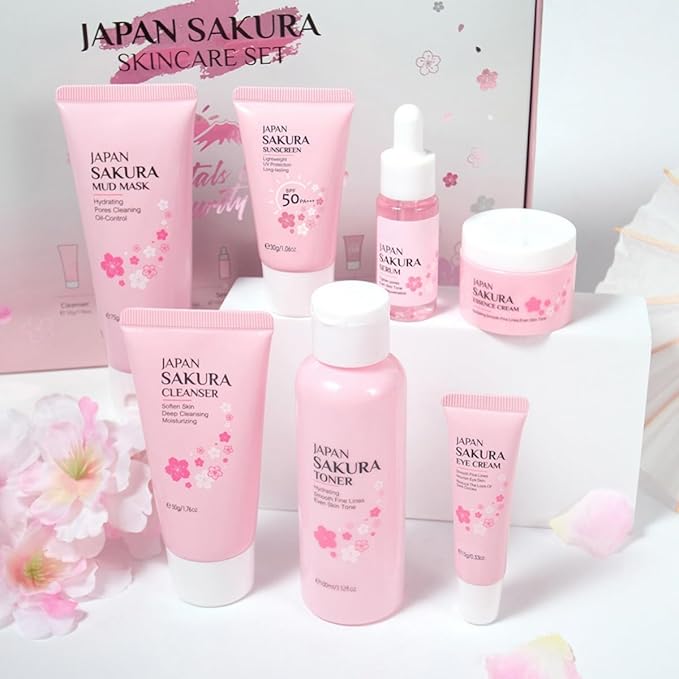 Sakura Skin Care Set, 7 Pcs Sakura Skin Care Kit with Cleanser, Toner, Serum, Eye Cream, Face Cream, Mud Mask and Sunscreen, Moisturizing Travel Size Skincare Set, Christmas Gifts for Women Girls