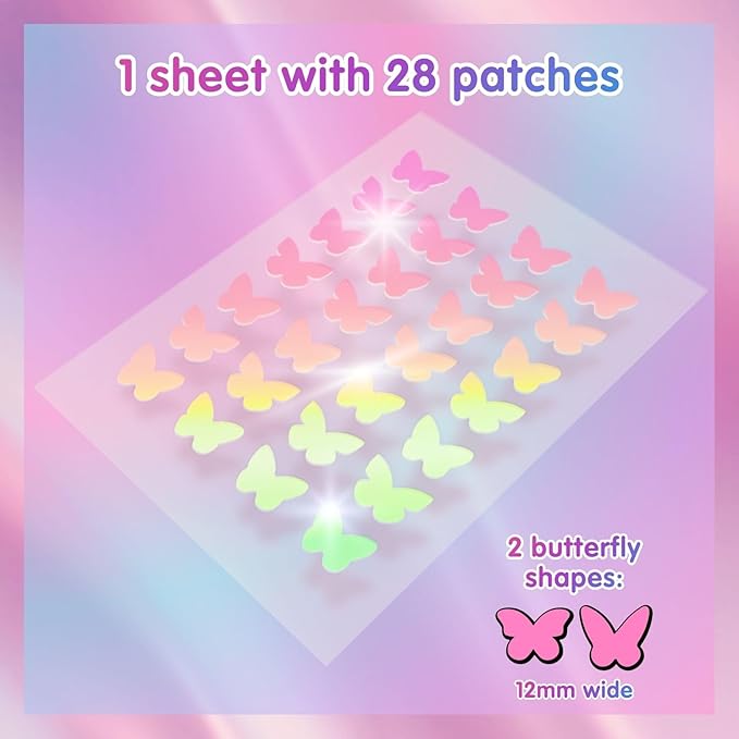 Heal & Conceal Pimple Patch, Cute Holographic Acne Patches For Face, Fun Hydrocolloid Zit Stickers For Breakouts (Holographic Pink Butteflies - 28 count /1 sheet)