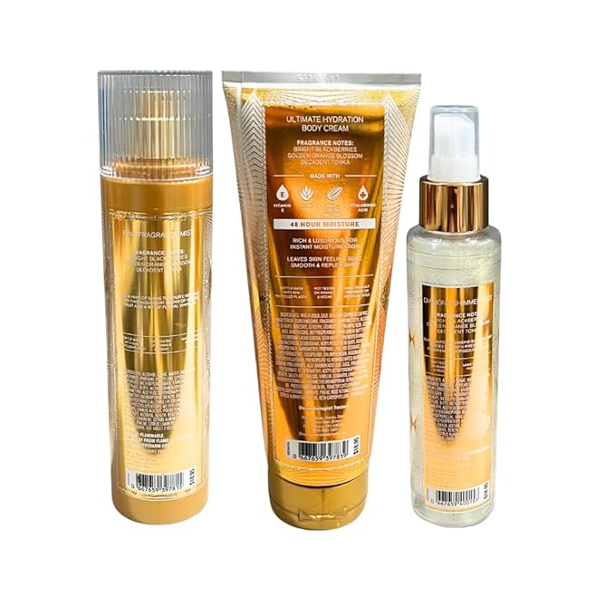 Bath & Body Works TOUCH OF GOLD Full-Size Gift Set – Fine Fragrance Mist, Diamond Shimmer Mist & Ultimate Hydration Body Cream with 40-Inch Gold Metallic Ribbon Bow – Holiday Bundle