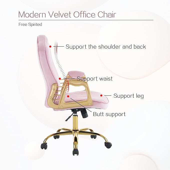 Velvet Home Office Chair with Gold Arms and Legs, Comfortable Upholstered Tufted Swivel Desk Chair Comfy with Wheels for Girls Women Study Bedroom Living Room, Pink