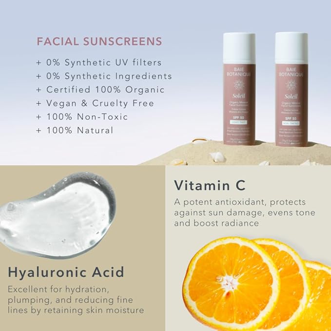 NEW SIZE - Baie Botanique Soleil Organic Facial Sunscreen SPF 50 - Chemical Filter Free Hyaluronic Acid & Vitamin C Sunscreen for Face Natural Vegan No White Cast Non Toxic UVA/UVB - Light Tint 70g