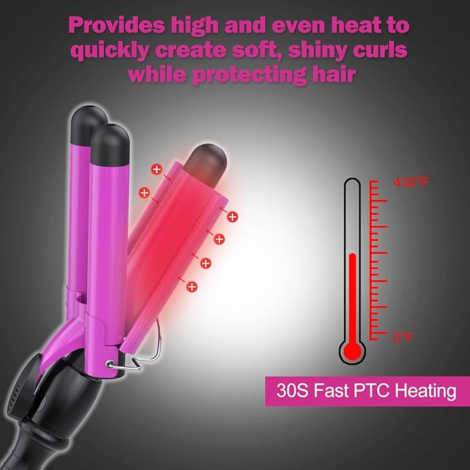 kuwa Crimper Hair Tool,15 Variable Temperature Waver Curling Iron,Three Barrel Curling Iron,Waver Hair Tool,Haircrimper for Women,HairWaver with LCD Temperature Display