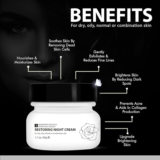 WBM Restoring Night Cream for Face, Anti-Aging Moisturizer with Hydro-Rich Essence. Skin-renewing face cream for a hydrated, youthful look. Size: 1.7 oz.