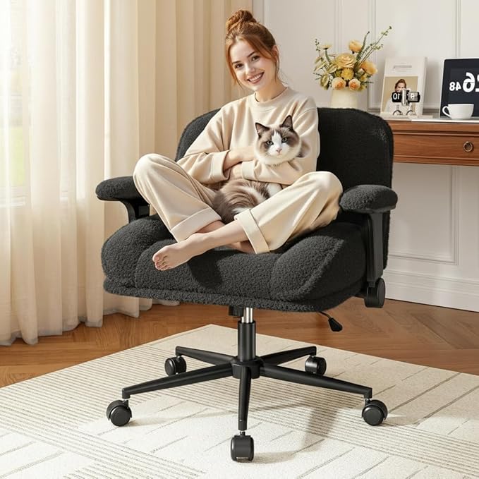 Cross Legged Office Chair with Flip-Up Arms,Oversized Criss Cross Chair with Wheels,Wide & Extra-Deep Seat Thickened for Home Office,Vanity, Bedroom,Apartment Dorms,Vanity Chair,Comfy,Black