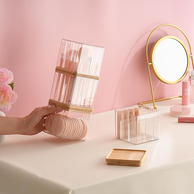 Makeup Brush Holder Comb with Cover Makeup Containers Organizers Set Makeup Holder Box Cosmetic Case With Lid Waterproof Dustproof Beauty Skincare Organizer Bathroom Vanity Countertop,Gift,Clear,3PCS