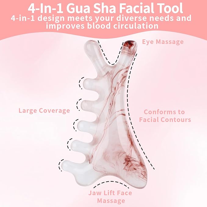 2 Pcs Gua Sha Facial Tools 4-in-1 Guasha Tool for Face Neck Eye Jaw, Amber Resin Massage Comb Head SPA Brush Scalp Massager for Hair Growth Body Tension Relief Lymphatic Drainage