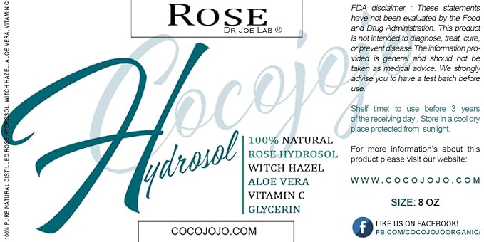 Dr Joe Lab Rose Water Hydrosol, Vegetable Glycerin, Aloe Vera, Vitamin C & Witch Hazel Mix - Natural, Non-GMO, Floral, Face, Hair, Body, Toner Bulk (8 oz & Sprayer)