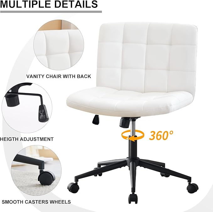 Furnimart Swivel Criss Cross Legged Chair with Wheels for Home Office, Wide Armless Desk Chair Height Adjustable Comfy Seat for Desk,Vanity, Bedroom, PU Ivory White