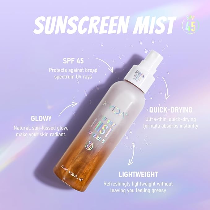 Sheer Body Sunscreen Mist, SPF 45 Ultra-fine Glowing Spray, Lightweight Hydrating Non-Greasy Quick Drying, Infused with Shimmering Radiant Glow Sunscreen Body Oil Mist-Amber,4.06 fl oz