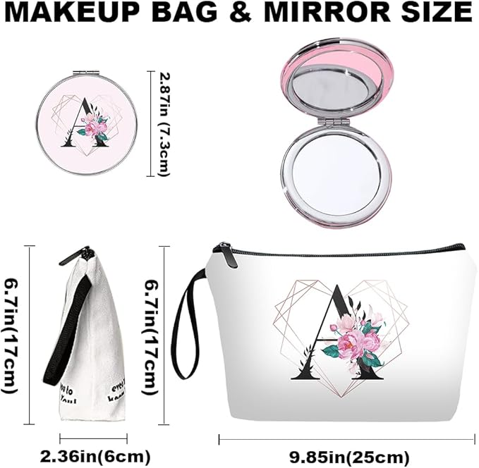 Personalized Initial A floral Makeup Bag set with Mirror for Women,White Ietter Bride Bridesmaid travel Cosmetic bag kit with10 pieces pink brush set,Initial Gifts for Girls Mom femal Friends