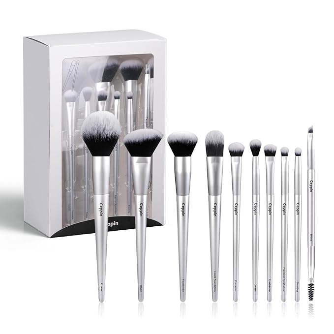 Professional Makeup Brushes 10Pcs, Premium Synthetic Make Up Brush Set, Powder Foundation Contour Blush Concealer Eye Shadow Blending Liner Makeup Brush Kit (Silver)