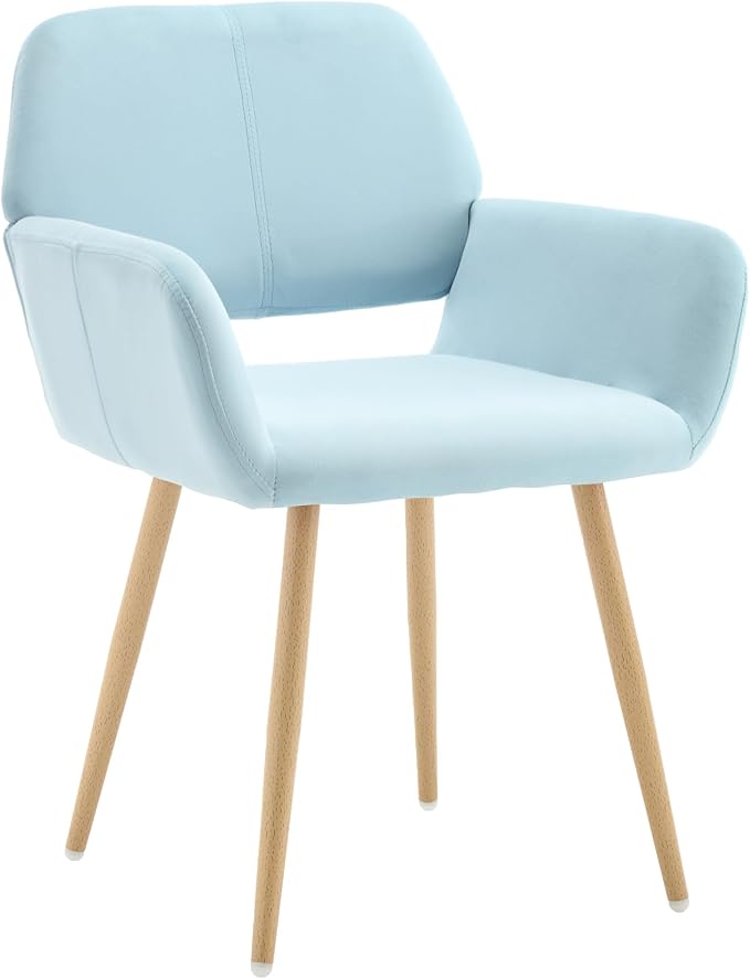 KCC Small Modern Dining Room Arm Chairs 1 Piece, Mid-Century Upholstered Velvet Side Seat Club Guest with Metal Tube Legs for Kitchen, Living Room, Blue
