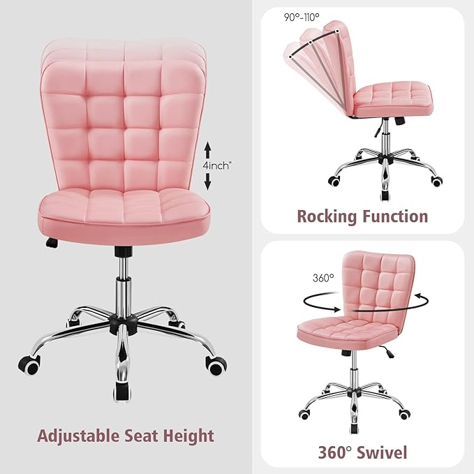 Yaheetech ModernTufted Armless Desk Office Chair Faux Leather Upholstered Computer Chair with Adjustable Seat Height and Rolling Wheels for Home/Office, Pink